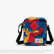 Load image into Gallery viewer, Front panel view of the colorful crossbody bag with Lego bricks pattern.
