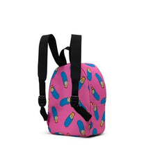 Load image into Gallery viewer, Angled back panel view of the Marge Simpson pattern backpack with the shoulder straps extended. 

