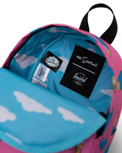 Load image into Gallery viewer, Interior view of the Marge Simpson pattern backpack. It features a sky blue with white clouds lining.
