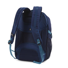 Load image into Gallery viewer, Angled back panel view of the blue backpack with the shoulder straps extended. 
