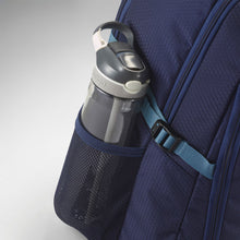 Load image into Gallery viewer, Close up to a water bottle in the backpack's side pocket.
