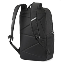Load image into Gallery viewer, Angled back panel view of the black backpack with the shoulder straps extended.
