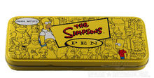 Load image into Gallery viewer, The yellow presentation tin box is in a thin rectangle shape, with the logo of the Simpsons in the middle. There are various characters of the show surrounding the logo. 
