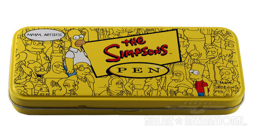 The yellow presentation tin box is in a thin rectangle shape, with the logo of the Simpsons in the middle. There are various characters of the show surrounding the logo. 