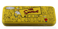 The yellow presentation tin box is in a thin rectangle shape, with the logo of the Simpsons in the middle. There are various characters of the show surrounding the logo. 