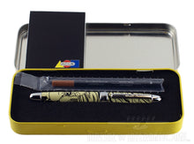 Load image into Gallery viewer, The tin box&#39;s inside is shown with the pen in its slot, a refill, and a small booklet. 
