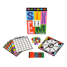 Load image into Gallery viewer, Six em game box with cards, markers, spinning board, and dice arranged on a white background.
