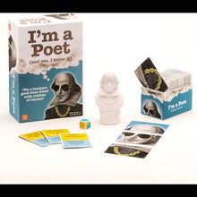 Load image into Gallery viewer, I'm a Poet box, cards, dice, and small Shakespeare bust figure.
