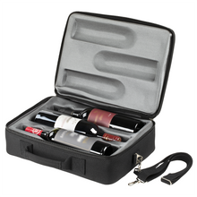 Load image into Gallery viewer, Angled interior view of the 3-bottles-carrier. Three bottles are arranged inside. The adjustable strap is resting on the side.
