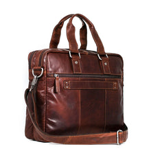 Load image into Gallery viewer, Angled front view of the brown leather briefcase. 
