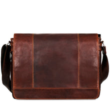 Load image into Gallery viewer, Front panel view of the brown leather messenger bag.
