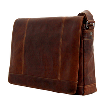 Load image into Gallery viewer, Angled front view of the brown leather messenger bag. 
