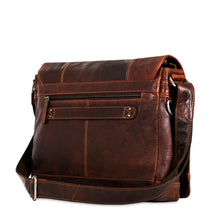 Load image into Gallery viewer, Angled back panel view of the brown leather messenger bag. 
