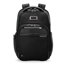 Load image into Gallery viewer, Front panel view of the black backpack. IT features three-zipper closing compartments.
