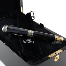 Load image into Gallery viewer, Side view of the fountain pen in the presentation box with the felt sleeve.
