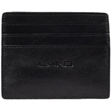 Load image into Gallery viewer, Front view of the black leather card case with LAND logo embossed.
