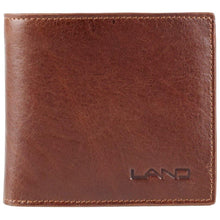 Load image into Gallery viewer, Front view of the cognac leather wallet with embossed LAND logo 
