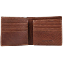 Load image into Gallery viewer, Interior view of the cognac wallet with credit card and bill compartments.
