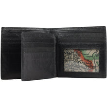 Load image into Gallery viewer, Interior view of the black leather wallet with the extra card page turned.
