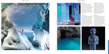 Load image into Gallery viewer, Sample view of pages 7 and 8, featuring blue themed areas and sculptures of the world. 
