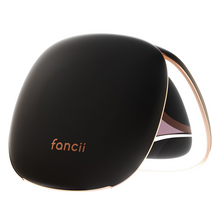 Load image into Gallery viewer, The black pocket mirror unfolded with the light on. Set on a white background. 
