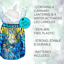 Load image into Gallery viewer, The luminary with text: Contains 4 luminary lanterns and 4 water activated LED-candles. 100 percent BPA free plastic. Strong, Stable and Durable Batteries included. 
