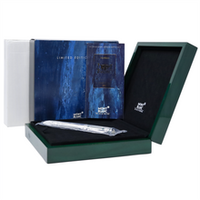 Load image into Gallery viewer, The fountain pen arranged with the packaging and certificates on a white background.
