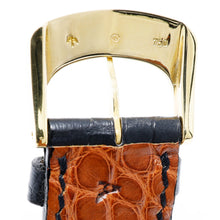 Load image into Gallery viewer, Back view of the watch band buckle with engraved gold hallmarks.
