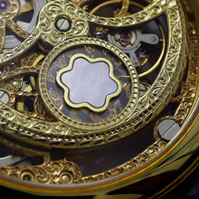 Load image into Gallery viewer, Close-up of a gold mechanical watch face with intricate details
