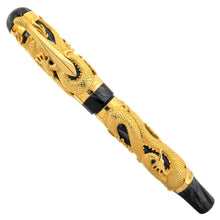 Load image into Gallery viewer, The Montegrappa 1995 Dragon fountain pen, capped, in gold overlay, featuring an intricate dragon design on a black marbled celluloid body, displayed on a white background.
