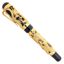 Load image into Gallery viewer, The Montegrappa 1995 Dragon fountain pen, capped, in gold overlay, featuring an intricate dragon design on a black marbled celluloid body, displayed on a white background.
