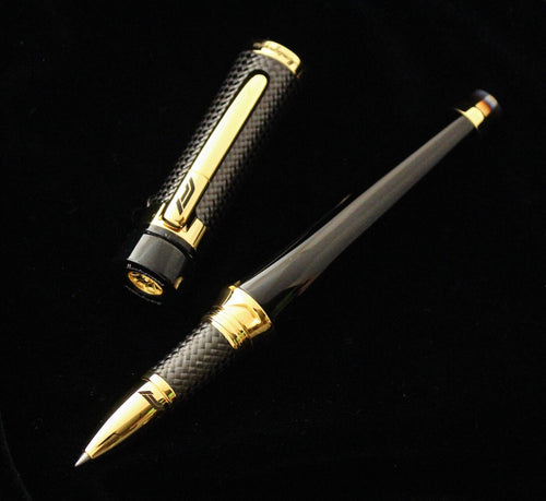 Montegrappa F1 Speed Limited Edition Podium Black Rollerball Pen uncapped on Black Background 