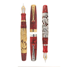 Load image into Gallery viewer, Uncapped Montegrappa Chinese Zodiac Dragon fountain pens in gold and silver overlay, featuring intricate dragon engravings on red resin bodies, displayed on a white background.
