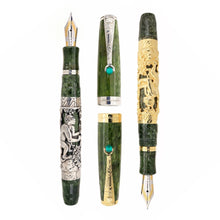Load image into Gallery viewer, Uncapped Montegrappa Chinese Zodiac Monkey fountain pens in gold and silver overlay, featuring intricate monkey engravings on green resin bodies, displayed on a white background.
