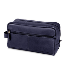 Load image into Gallery viewer, Angled front view of the black leather toiletry bag.
