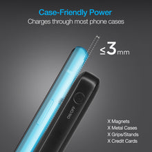 Load image into Gallery viewer, Close up to the power button on the side of the battery bank with text, Case-friendly power. Charges through most phone cases less than or equal to 3 millimeters thick.
