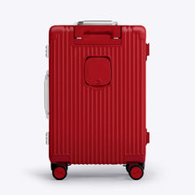 Load image into Gallery viewer, Back panel view of the red suitcase. 
