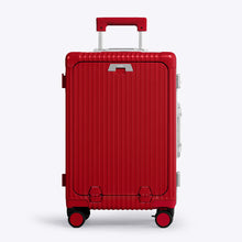 Load image into Gallery viewer, Front panel view of the red suitcase. The telescopic handle is partly extended. 
