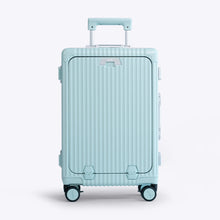 Load image into Gallery viewer, Front panel view of the powder blue hard shell suitcase with the telescopic handle partly extended.
