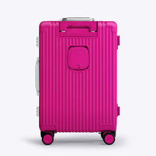 Load image into Gallery viewer, Back panel view of the hot pink suitcase. 
