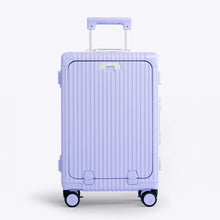 Load image into Gallery viewer, Front panel view of the lavender suitcase. The telescopic handle is partly extended. 
