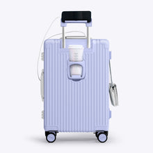 Load image into Gallery viewer, Back panel view of the lavender suitcase showing a phone held by the telescopic handle and a hot drink in the cup holder.
