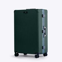 Load image into Gallery viewer, Angled front view of the large green suitcase. The telescopic handle is retracted. 
