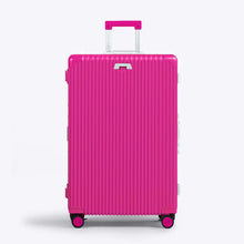 Load image into Gallery viewer, Front panel view of the red suitcase with the telescopic handle partly extended. 
