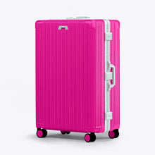 Load image into Gallery viewer, Front angled view of the hot pink suitcase with the telescopic handle retracted. 

