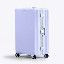 Load image into Gallery viewer, Angled front panel view of the lavender suitcase. 
