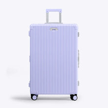 Load image into Gallery viewer, Front panel view of the lavender suitcase with the telescopic handle partly extended. 
