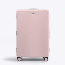 Load image into Gallery viewer, Front panel view of the pink suitcase with silver-colored accents. The telescopic handle is retracted. 
