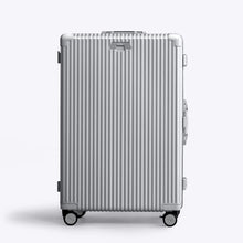 Load image into Gallery viewer, Front panel view of the silver colored suitcases. The telescopic handle is retracted. 
