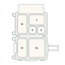 Load image into Gallery viewer, A graphic outline showing the six packing cases organized inside a suitcase. 

